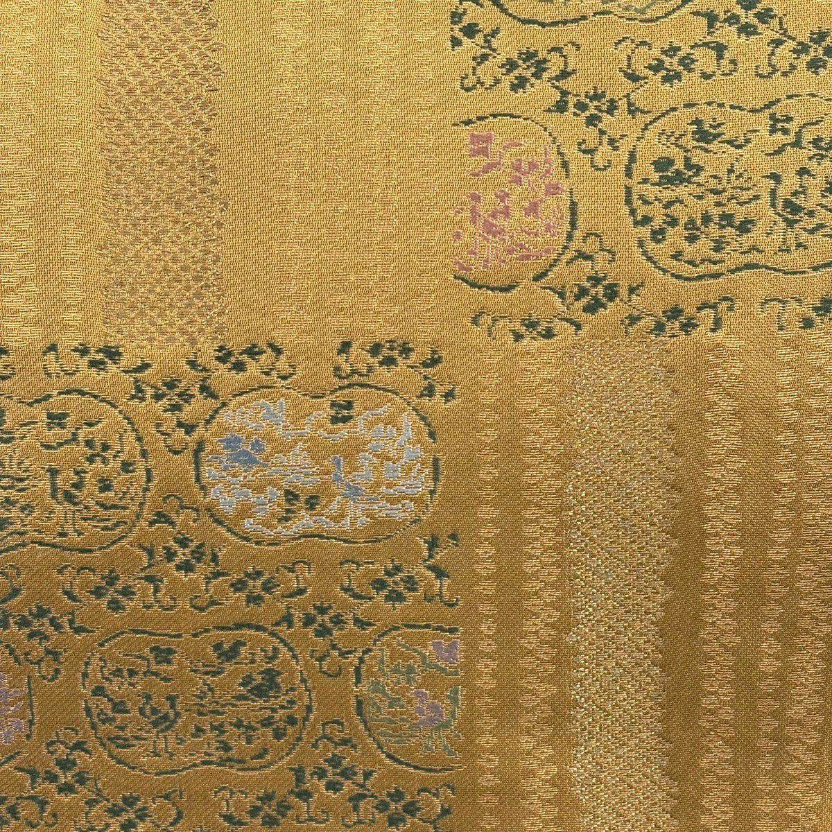 袋帶 秀品級 花鳥 縞 金金箔 金絲 山吹茶 六通 純蠶絲