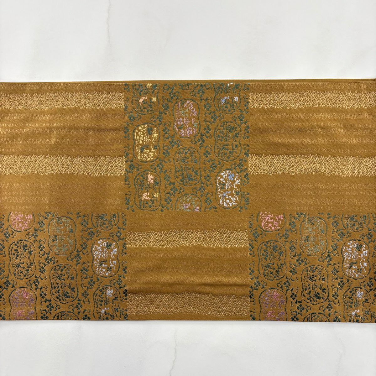袋帶 秀品級 花鳥 縞 金金箔 金絲 山吹茶 六通 純蠶絲