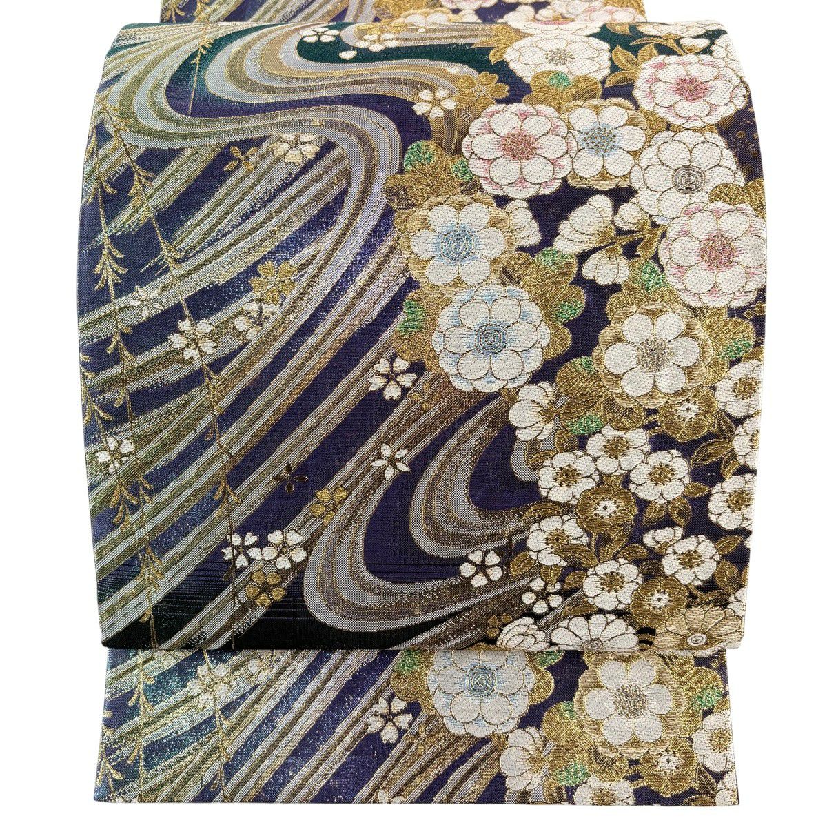 【美品】 袋帶 秀品級 草花紋 流水 金金箔 金絲 青綠 六通 純蠶絲