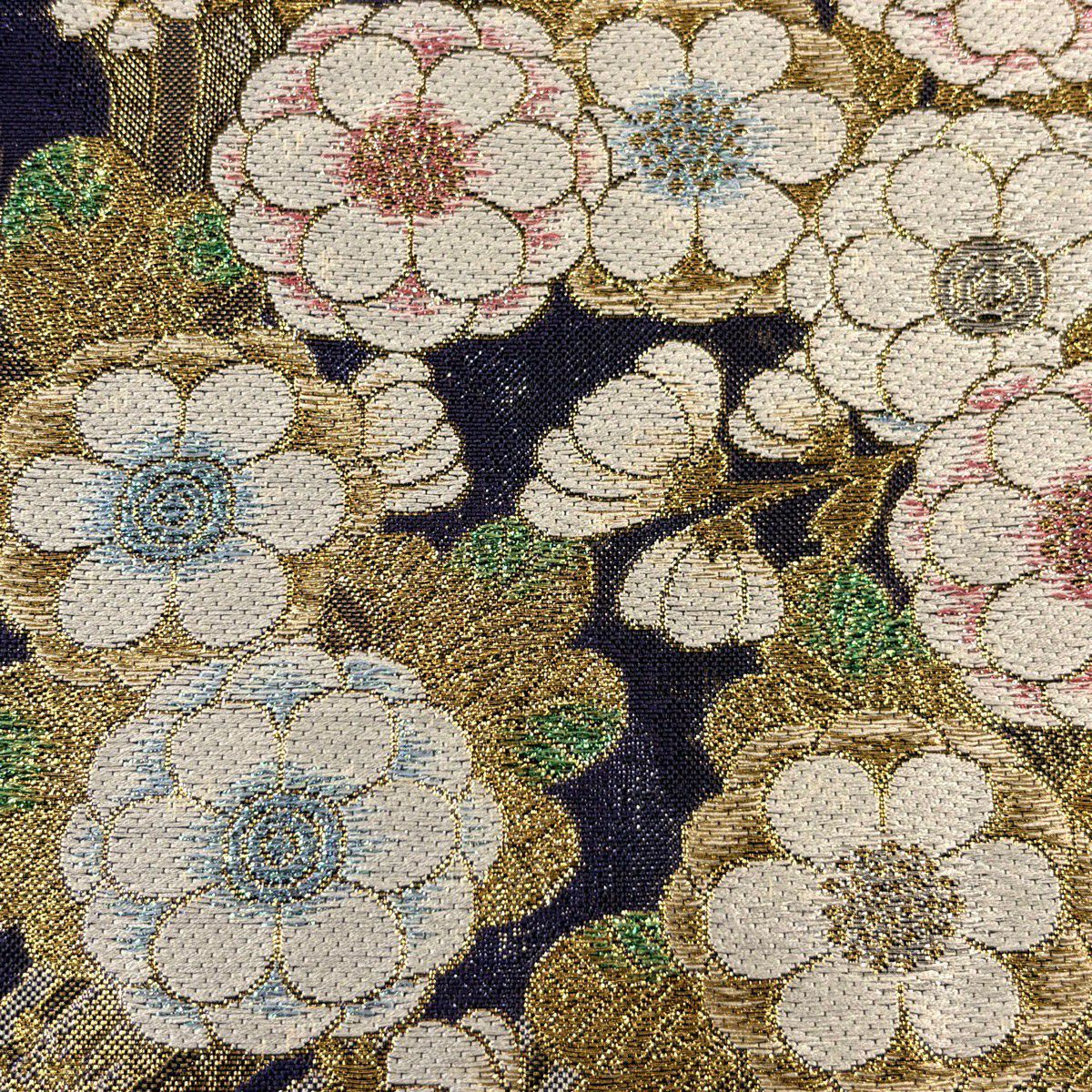 【美品】 袋帶 秀品級 草花紋 流水 金金箔 金絲 青綠 六通 純蠶絲
