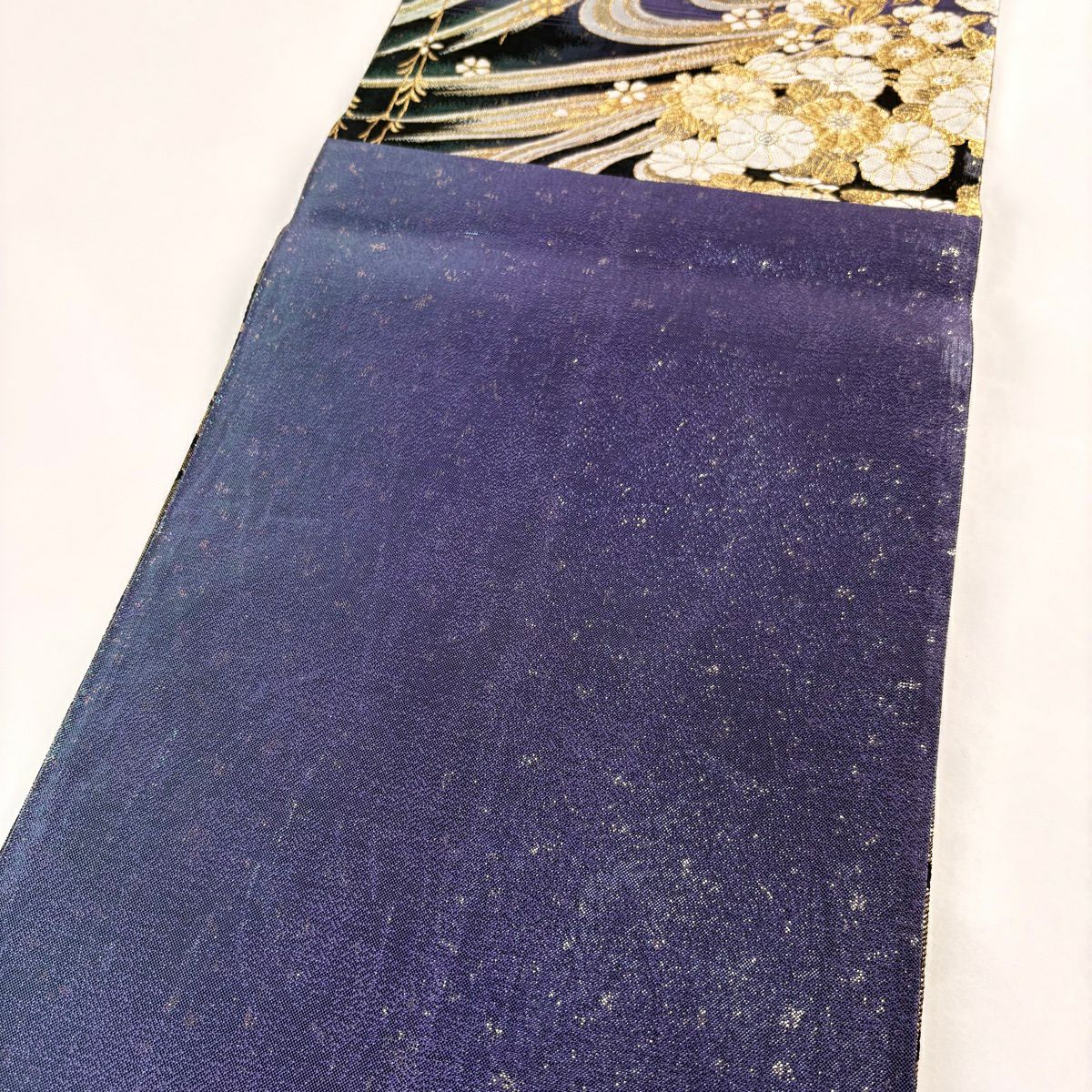 【美品】 袋帶 秀品級 草花紋 流水 金金箔 金絲 青綠 六通 純蠶絲