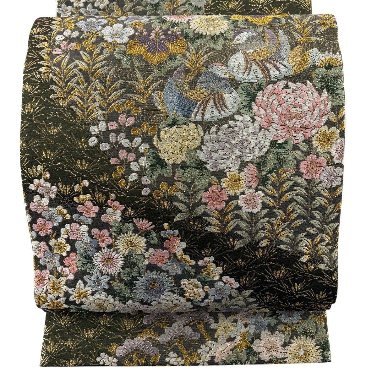【美品】 袋帶 秀品級 鴛鴦 草花紋 金糸 金金箔 茶綠 六通 純蠶絲