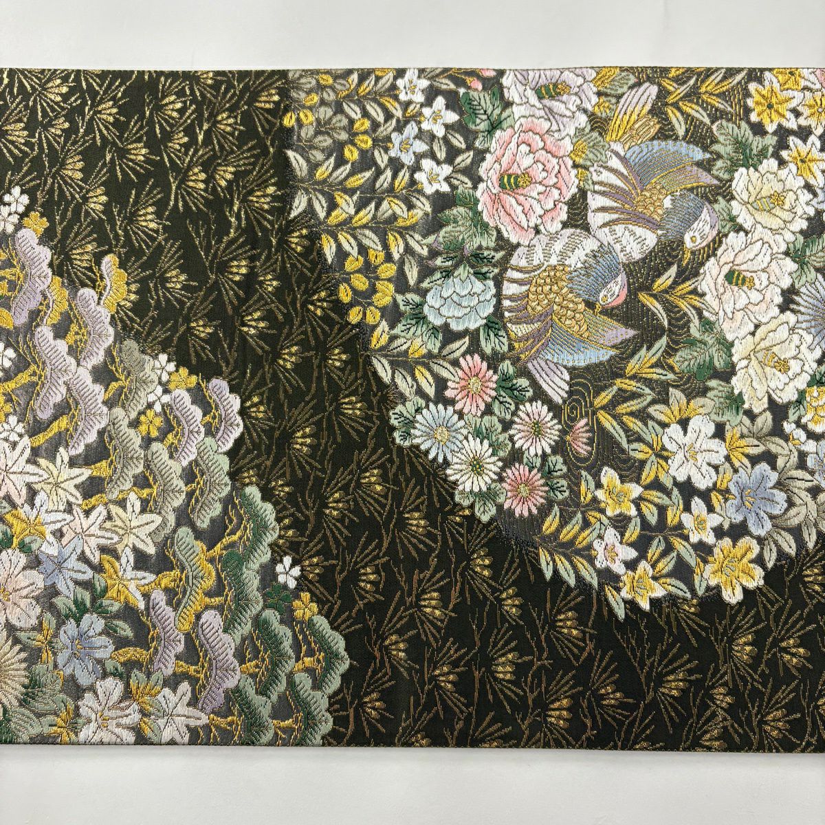 【美品】 袋帶 秀品級 鴛鴦 草花紋 金糸 金金箔 茶綠 六通 純蠶絲