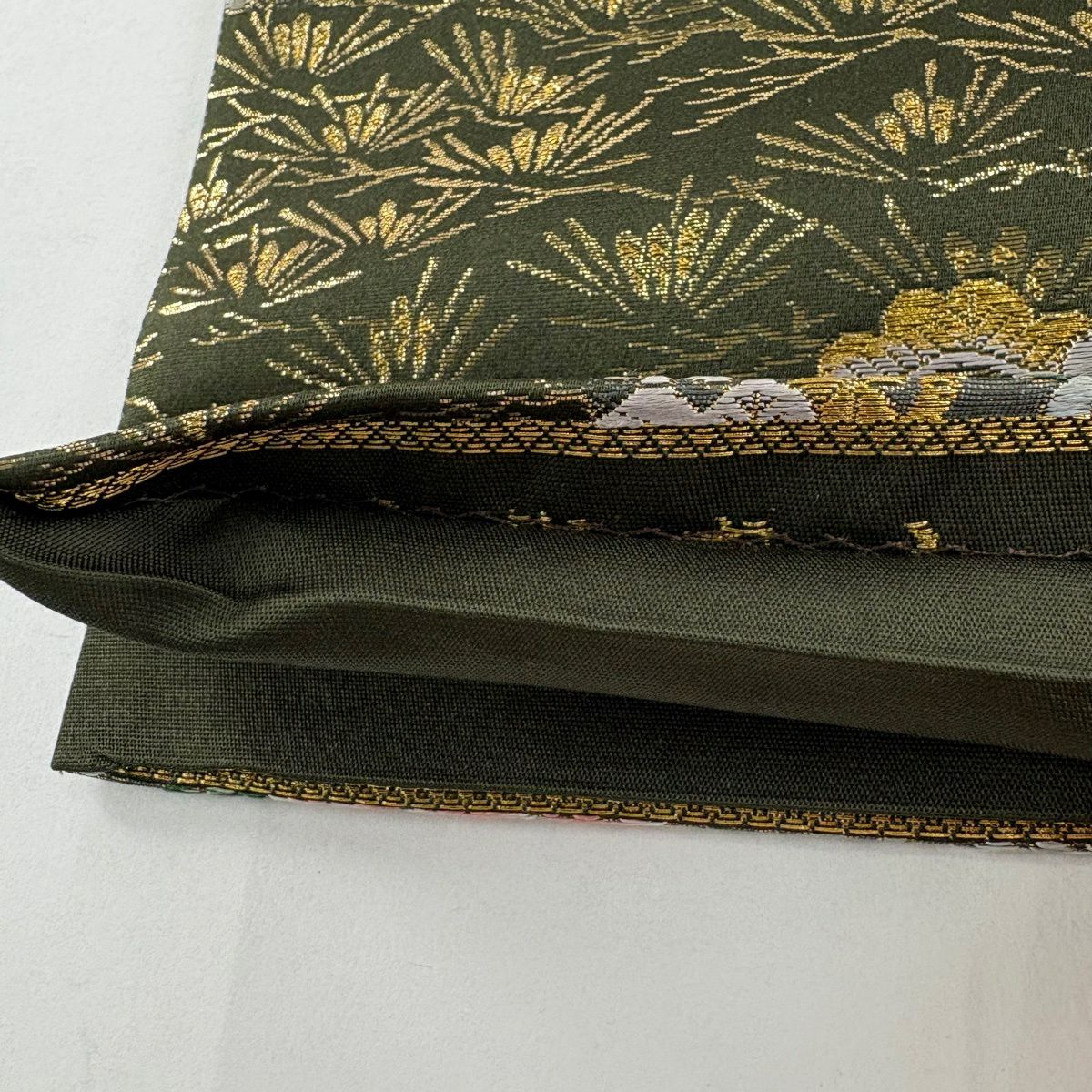 【美品】 袋帶 秀品級 鴛鴦 草花紋 金糸 金金箔 茶綠 六通 純蠶絲