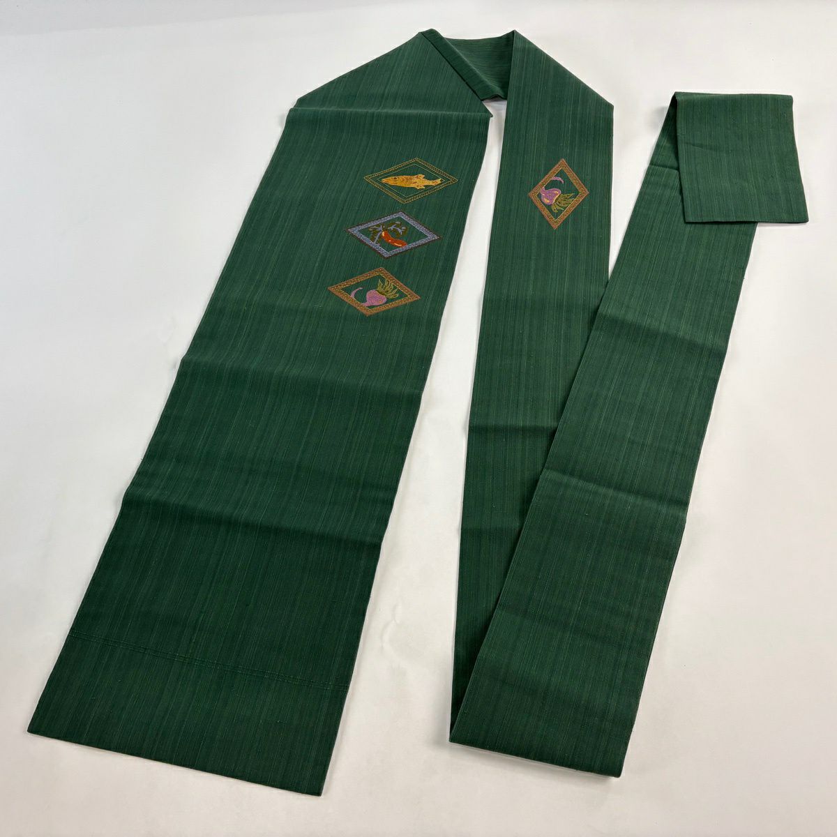 名古屋帶 秀品級 魚 菱 刺繡 綠 純蠶絲