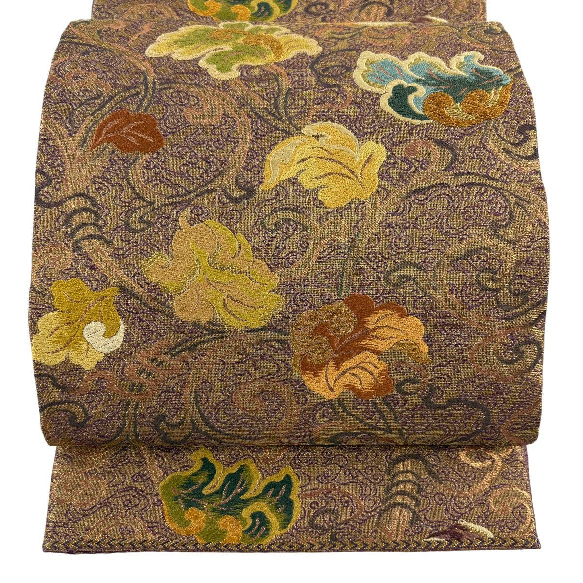 袋帶 秀品級 花唐草紋 金絲 金金箔 金茶 六通 純蠶絲