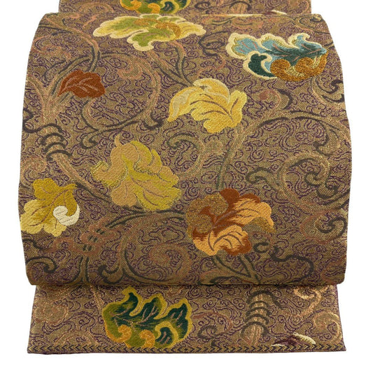 袋帶 秀品級 花唐草紋 金絲 金金箔 金茶 六通 純蠶絲