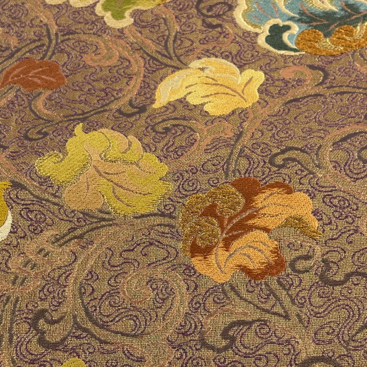 袋帶 秀品級 花唐草紋 金絲 金金箔 金茶 六通 純蠶絲