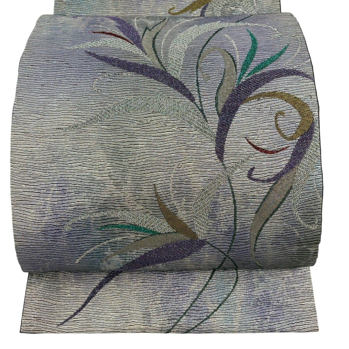【美品】 袋帶 秀品級 唐草紋 金金箔 灰紫 お太鼓圖案 純蠶絲