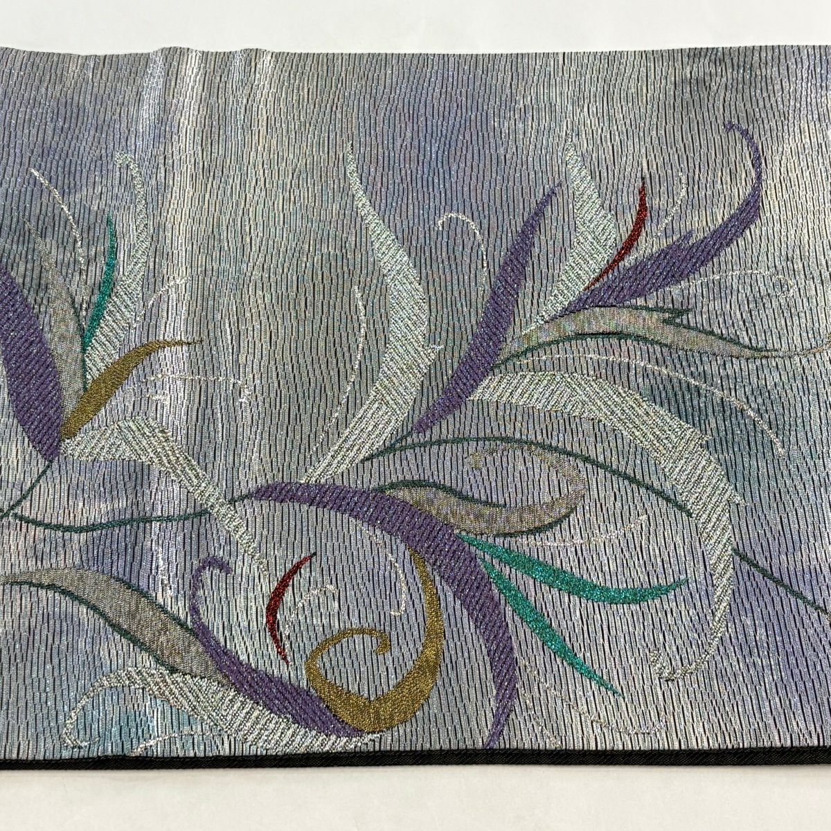【美品】 袋帶 秀品級 唐草紋 金金箔 灰紫 お太鼓圖案 純蠶絲
