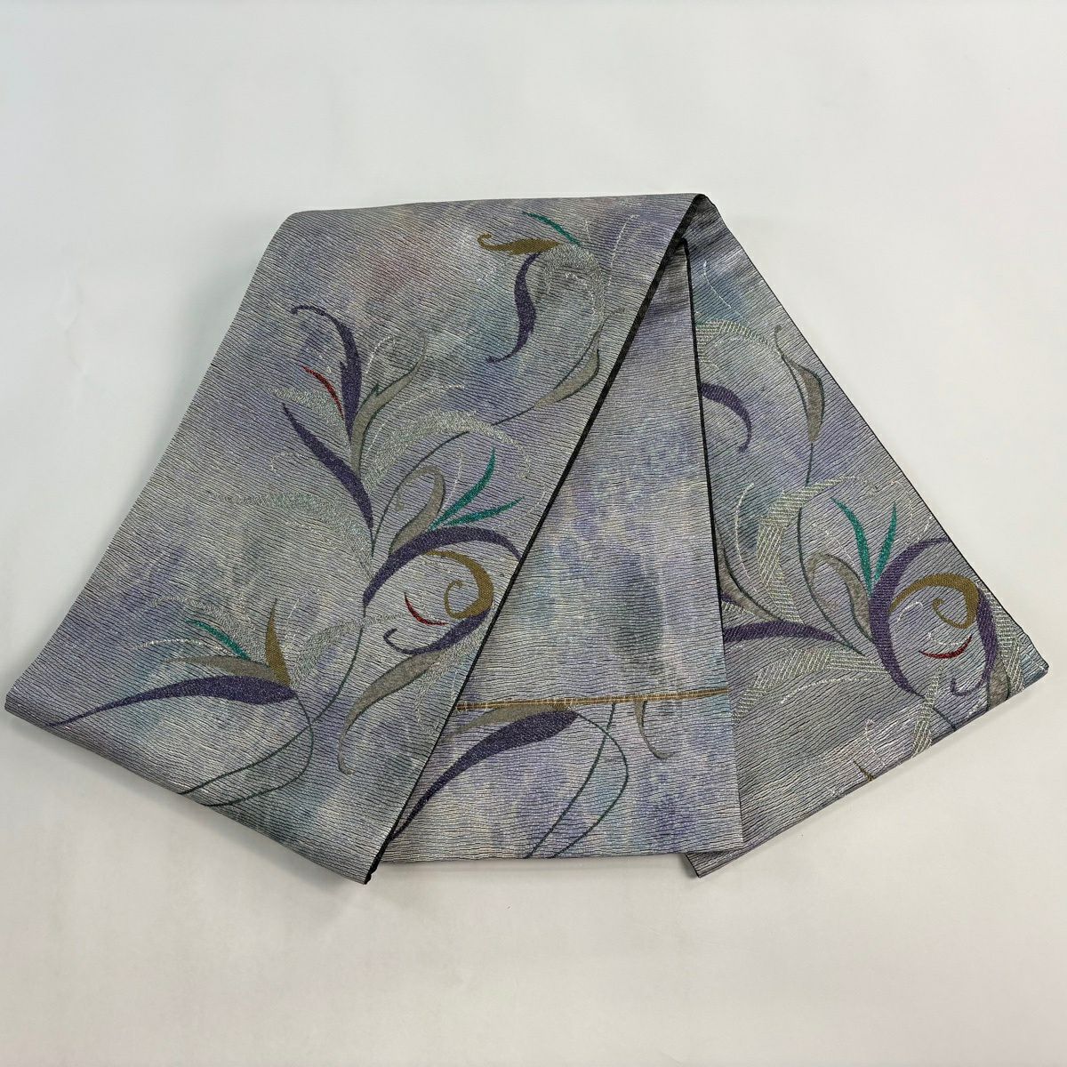 【美品】 袋帶 秀品級 唐草紋 金金箔 灰紫 お太鼓圖案 純蠶絲