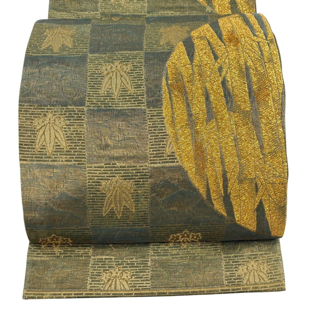 【美品】 袋帶 秀品級 竹子 市松樹 金金箔 金絲 灰綠 六通 純蠶絲