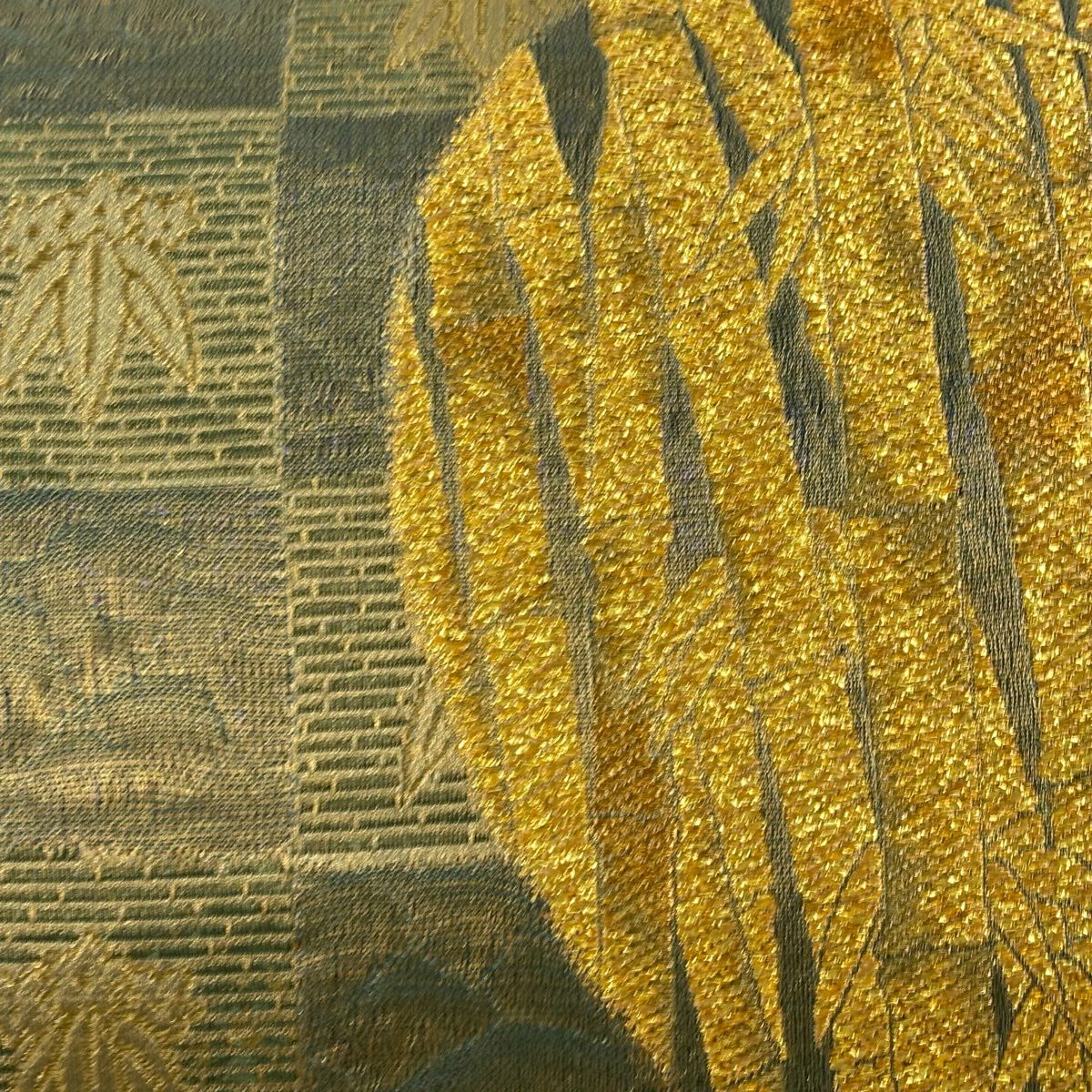 【美品】 袋帶 秀品級 竹子 市松樹 金金箔 金絲 灰綠 六通 純蠶絲