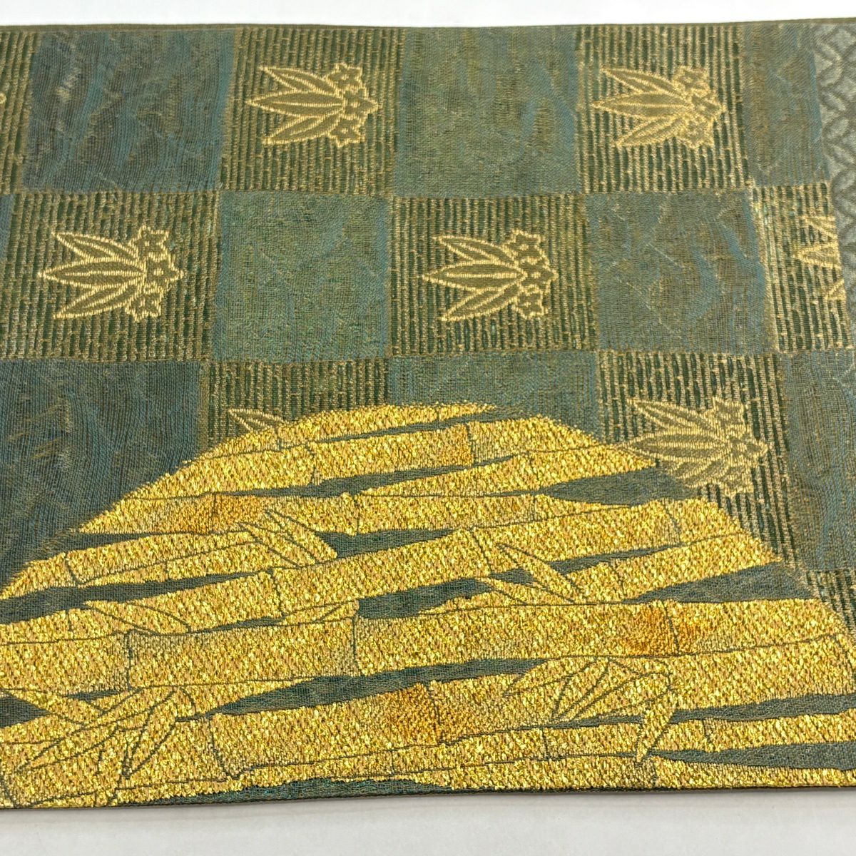 【美品】 袋帶 秀品級 竹子 市松樹 金金箔 金絲 灰綠 六通 純蠶絲