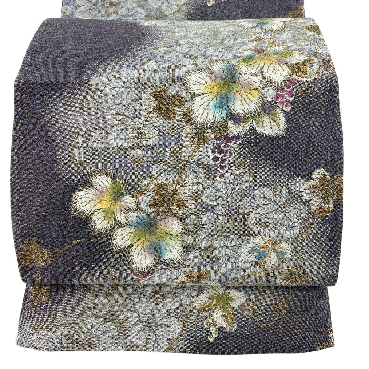 【美品】 袋帶 秀品級 大和 道長取 草花紋 金絲 拉麵金金箔 灰紫 六通 純蠶絲