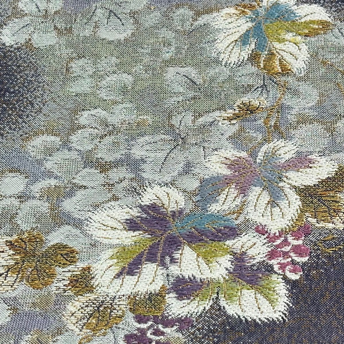 【美品】 袋帶 秀品級 大和 道長取 草花紋 金絲 拉麵金金箔 灰紫 六通 純蠶絲