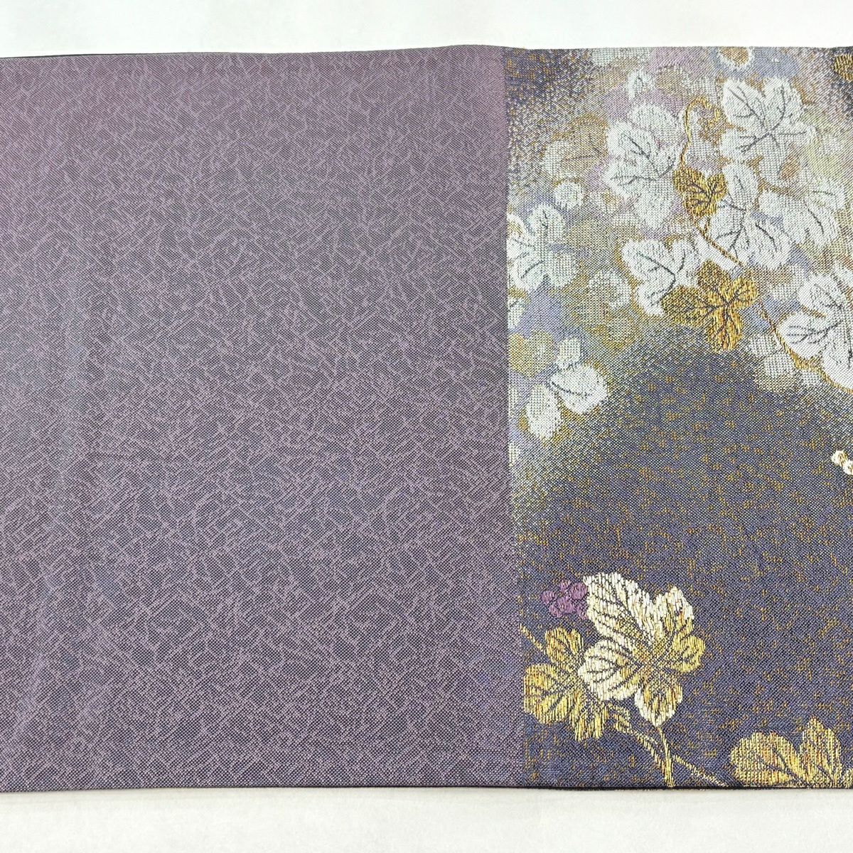 【美品】 袋帶 秀品級 大和 道長取 草花紋 金絲 拉麵金金箔 灰紫 六通 純蠶絲