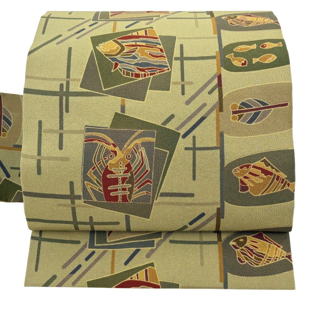 【美品】 名古屋帶 秀品級 色紙 魚 縮緬 灰綠 純蠶絲