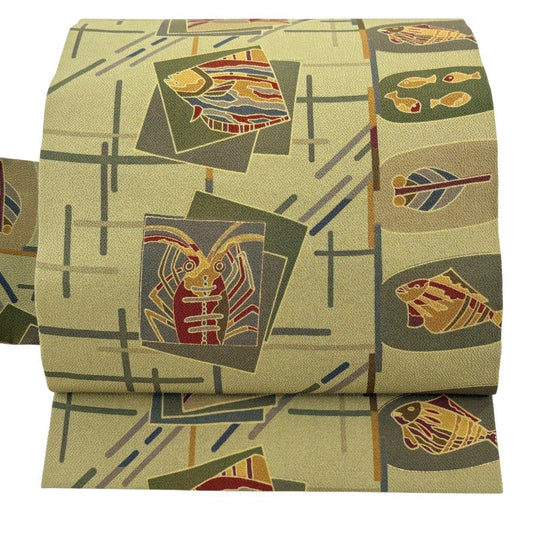 【美品】 名古屋帶 秀品級 色紙 魚 縮緬 灰綠 純蠶絲