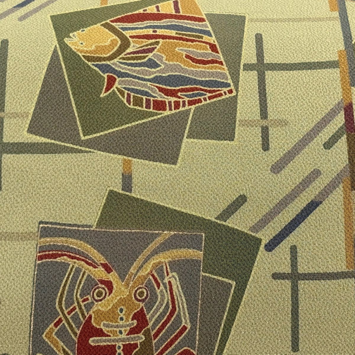 【美品】 名古屋帶 秀品級 色紙 魚 縮緬 灰綠 純蠶絲
