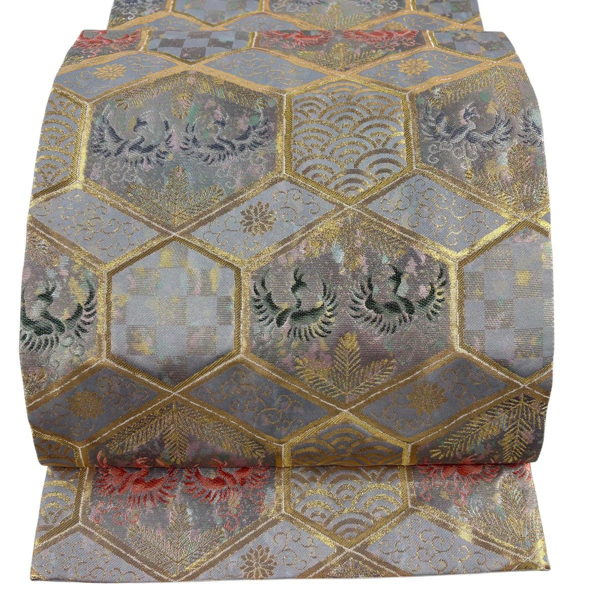 【美品】 袋帶 秀品級 附落款 コシノヒロコ 龜甲 向鳥 金絲 金金箔 淺紫 六通 純蠶絲