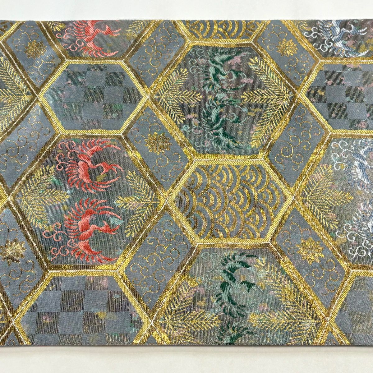 【美品】 袋帶 秀品級 附落款 コシノヒロコ 龜甲 向鳥 金絲 金金箔 淺紫 六通 純蠶絲