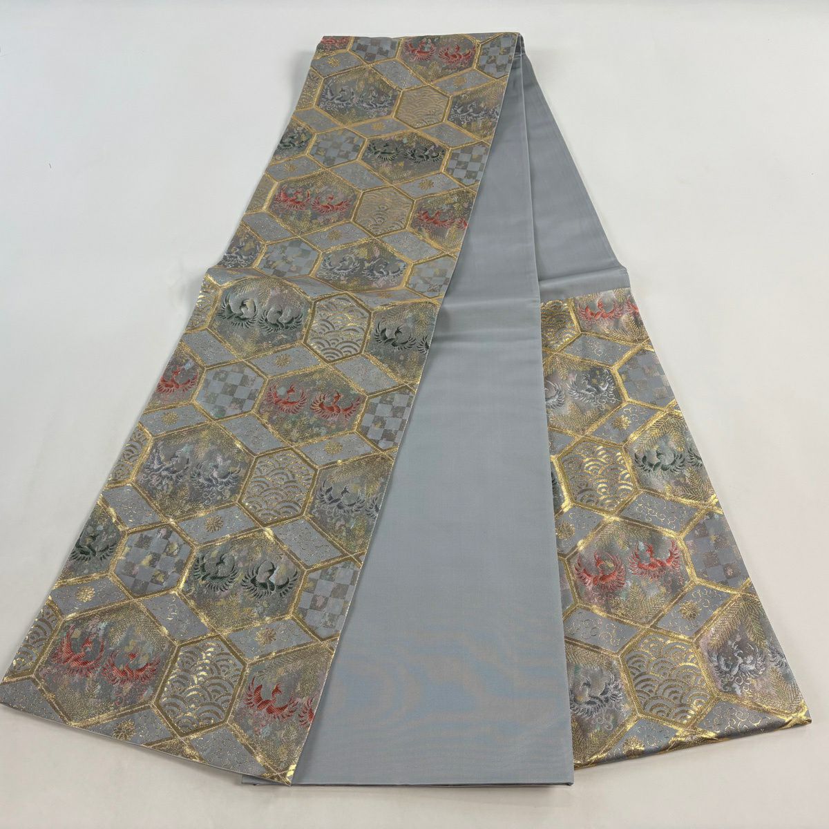 【美品】 袋帶 秀品級 附落款 コシノヒロコ 龜甲 向鳥 金絲 金金箔 淺紫 六通 純蠶絲