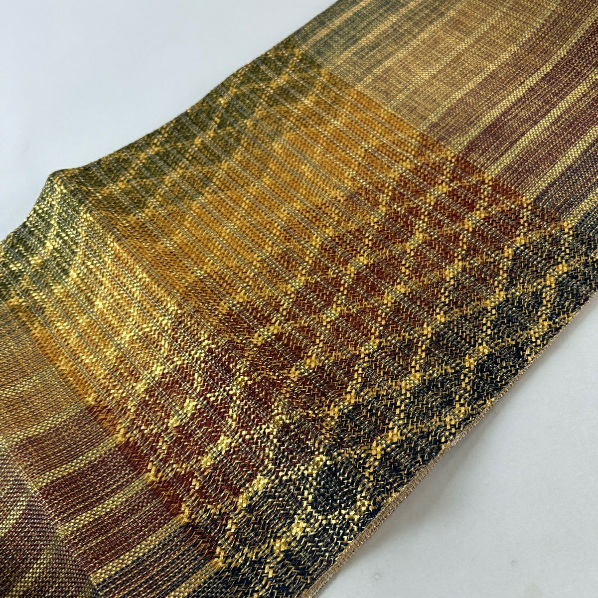 【美品】 袋帶 秀品級 斜格子 菱 金絲 茶紫 大鼓圖案 純蠶絲