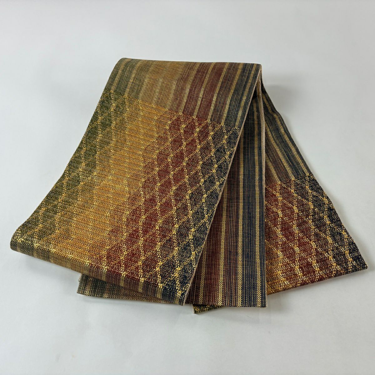 【美品】 袋帶 秀品級 斜格子 菱 金絲 茶紫 大鼓圖案 純蠶絲