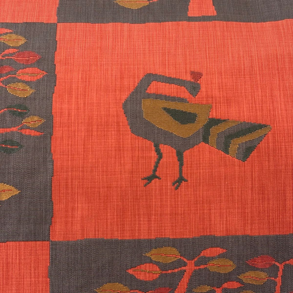 【美品】 袋帶 秀品級 木屋太 有落款 樹木 鳥 紅 六通 純蠶絲