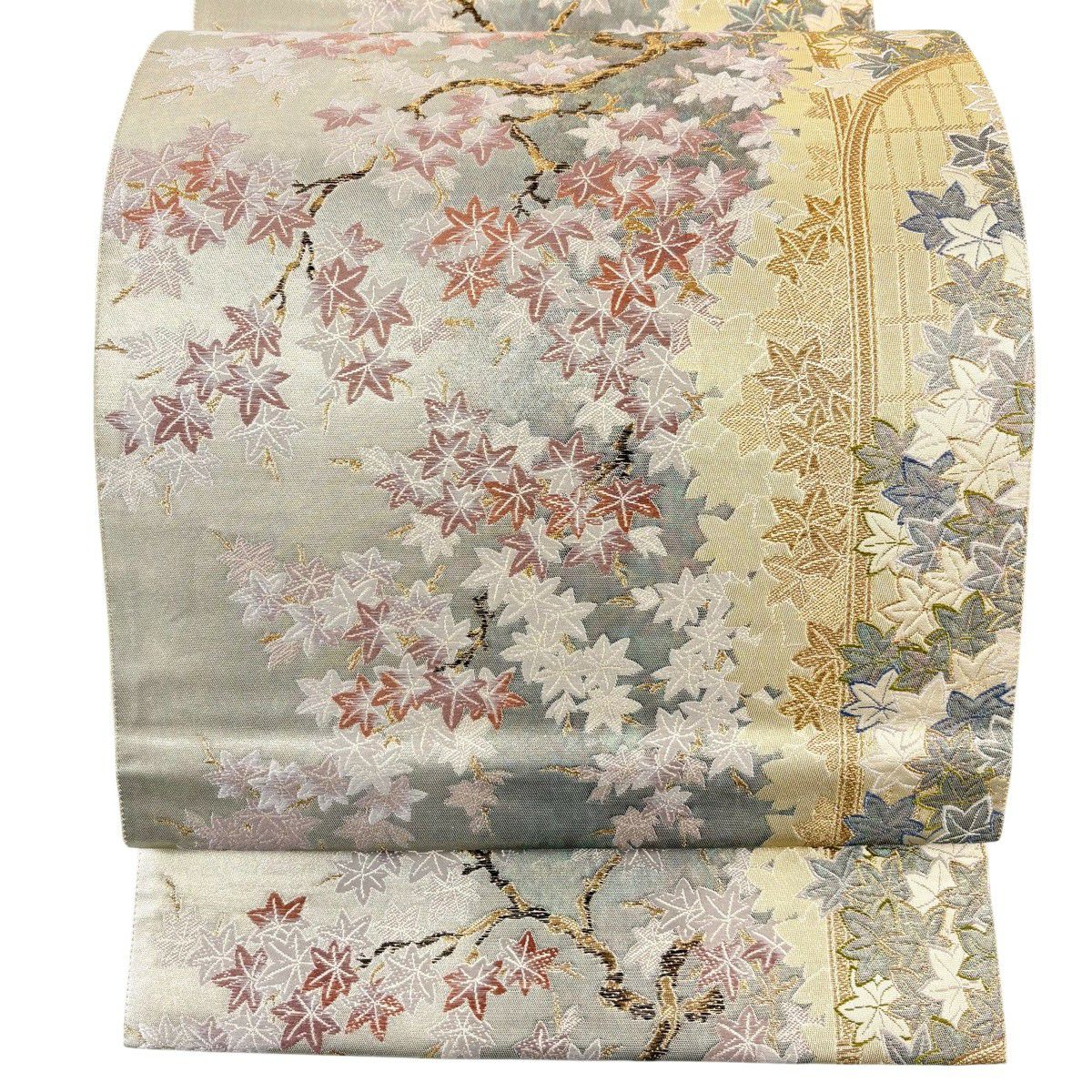 【美品】 袋帶 秀品級 紅葉 間垣 金絲 金金箔 灰綠 六通 純蠶絲