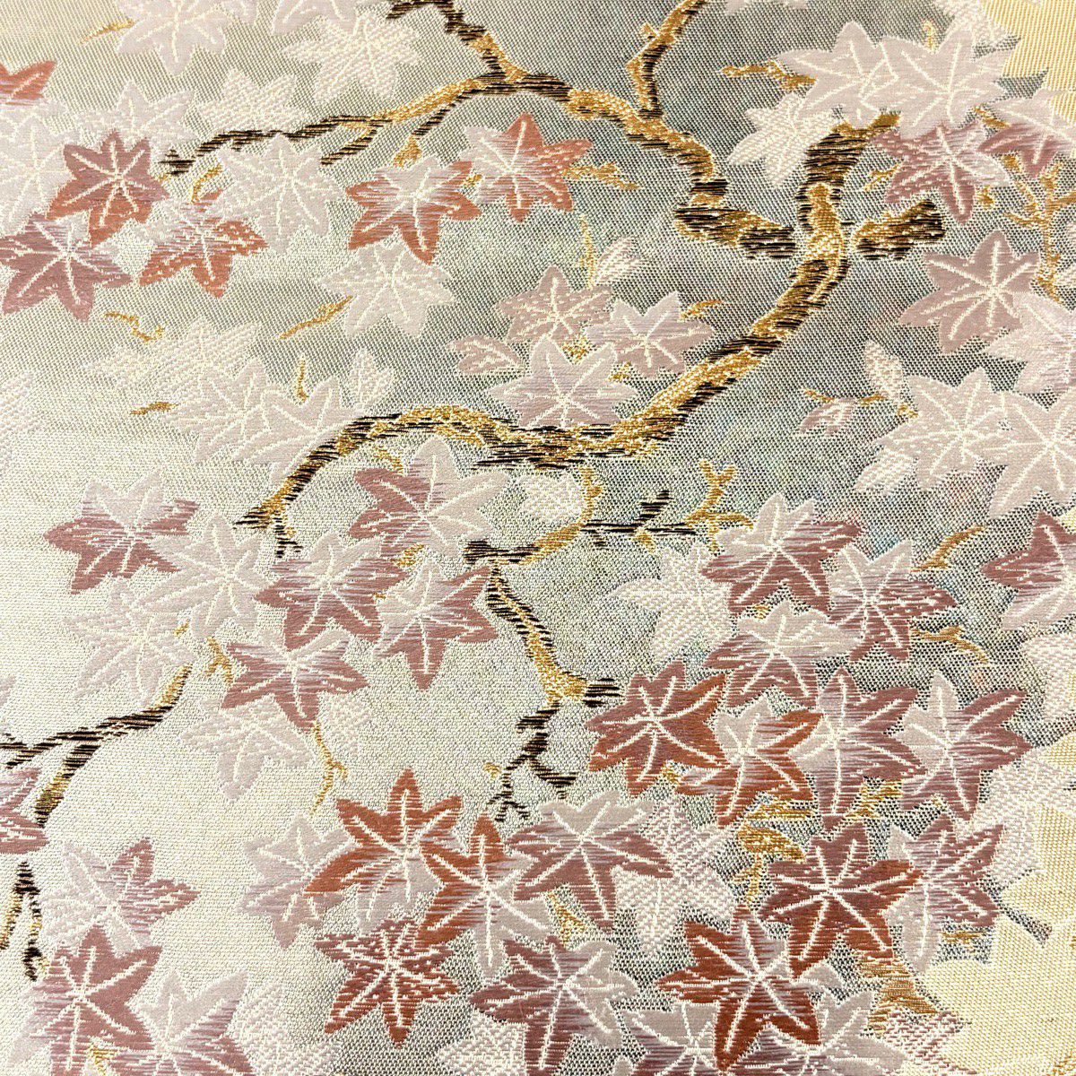 【美品】 袋帶 秀品級 紅葉 間垣 金絲 金金箔 灰綠 六通 純蠶絲