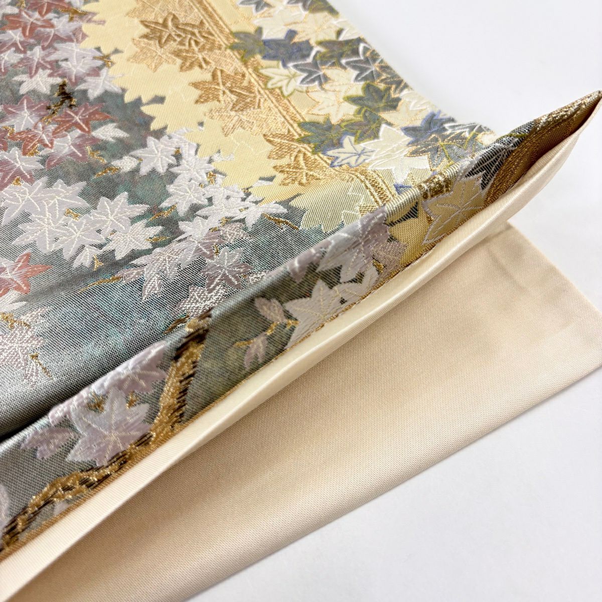 【美品】 袋帶 秀品級 紅葉 間垣 金絲 金金箔 灰綠 六通 純蠶絲
