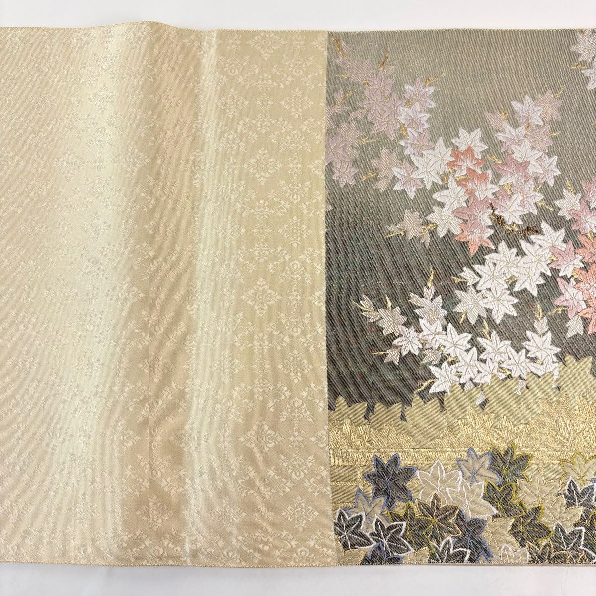 【美品】 袋帶 秀品級 紅葉 間垣 金絲 金金箔 灰綠 六通 純蠶絲
