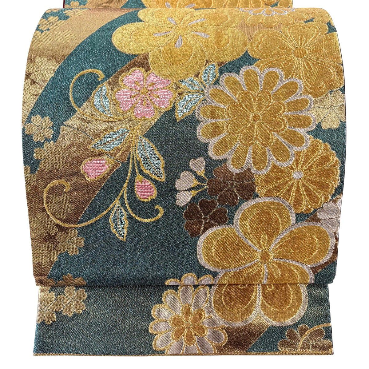 【美品】 袋帶 秀品級 草花紋紋 武 金銀彩 金金箔 綠 六通 純蠶絲