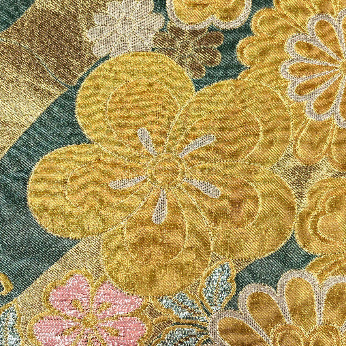 【美品】 袋帶 秀品級 草花紋紋 武 金銀彩 金金箔 綠 六通 純蠶絲
