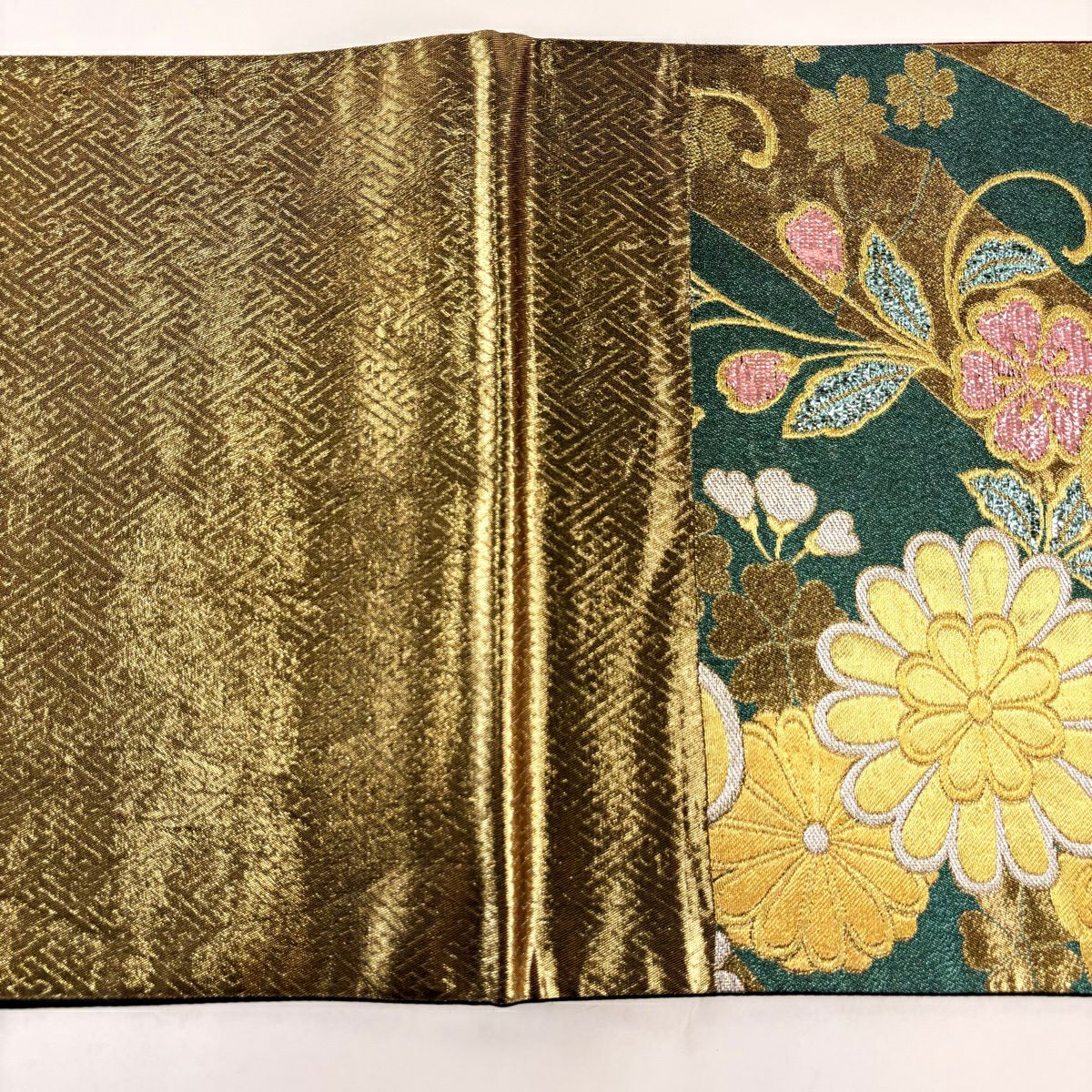 【美品】 袋帶 秀品級 草花紋紋 武 金銀彩 金金箔 綠 六通 純蠶絲