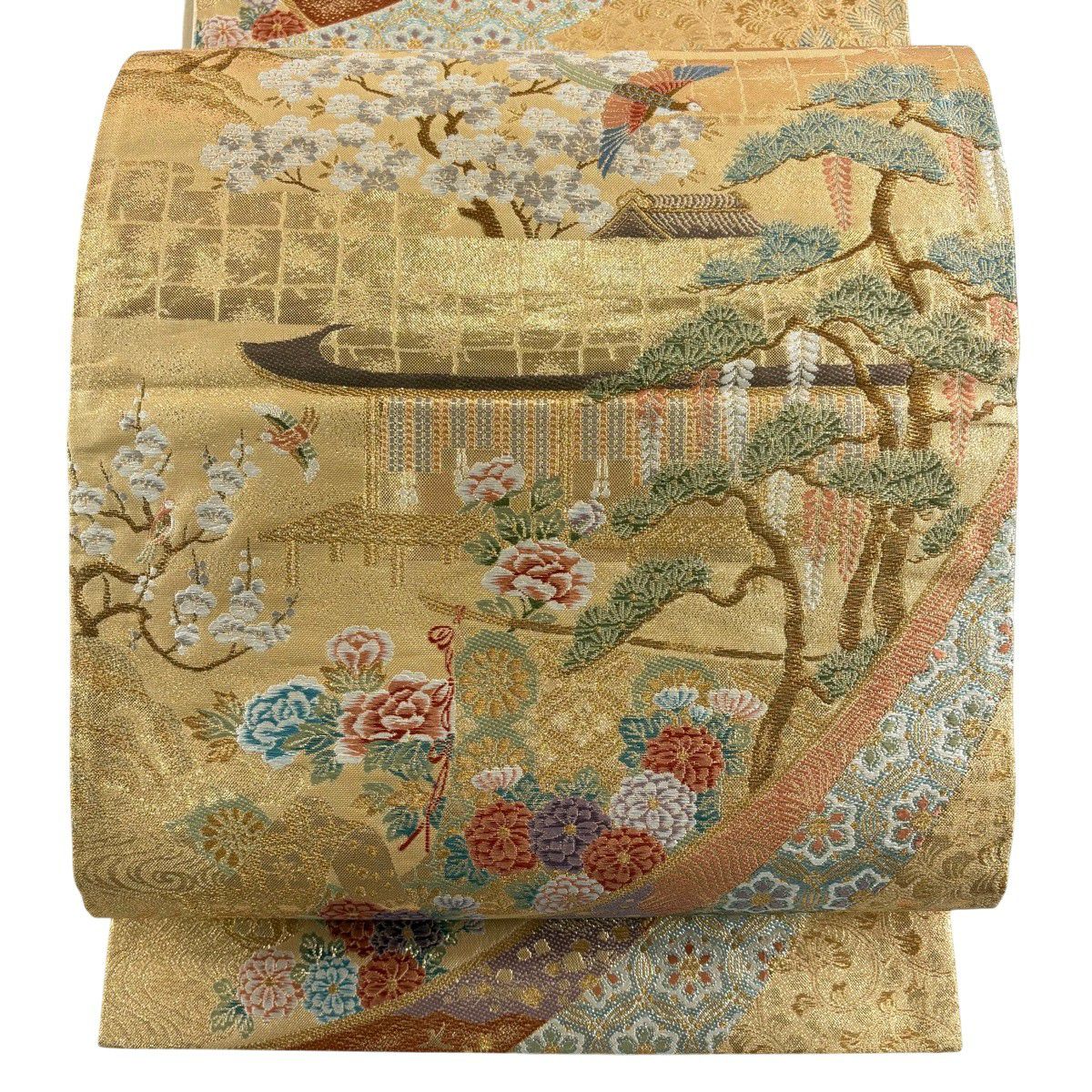 袋帶 秀品級 建築 花鳥 金金箔 金絲 金色 六通 純蠶絲