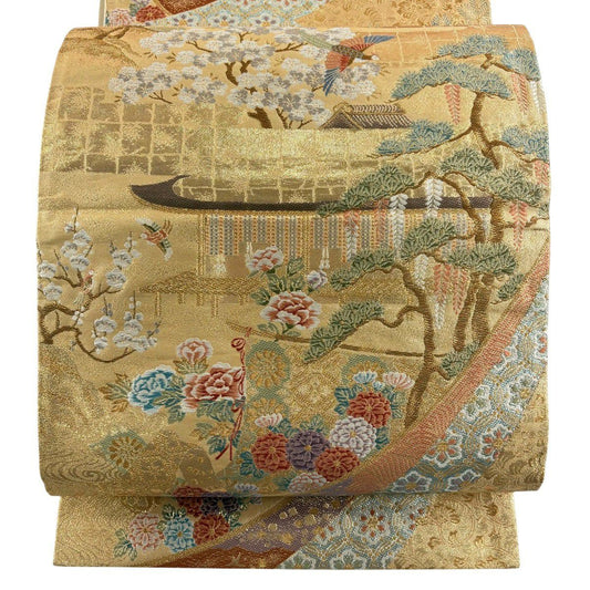 袋帶 秀品級 建築 花鳥 金金箔 金絲 金色 六通 純蠶絲