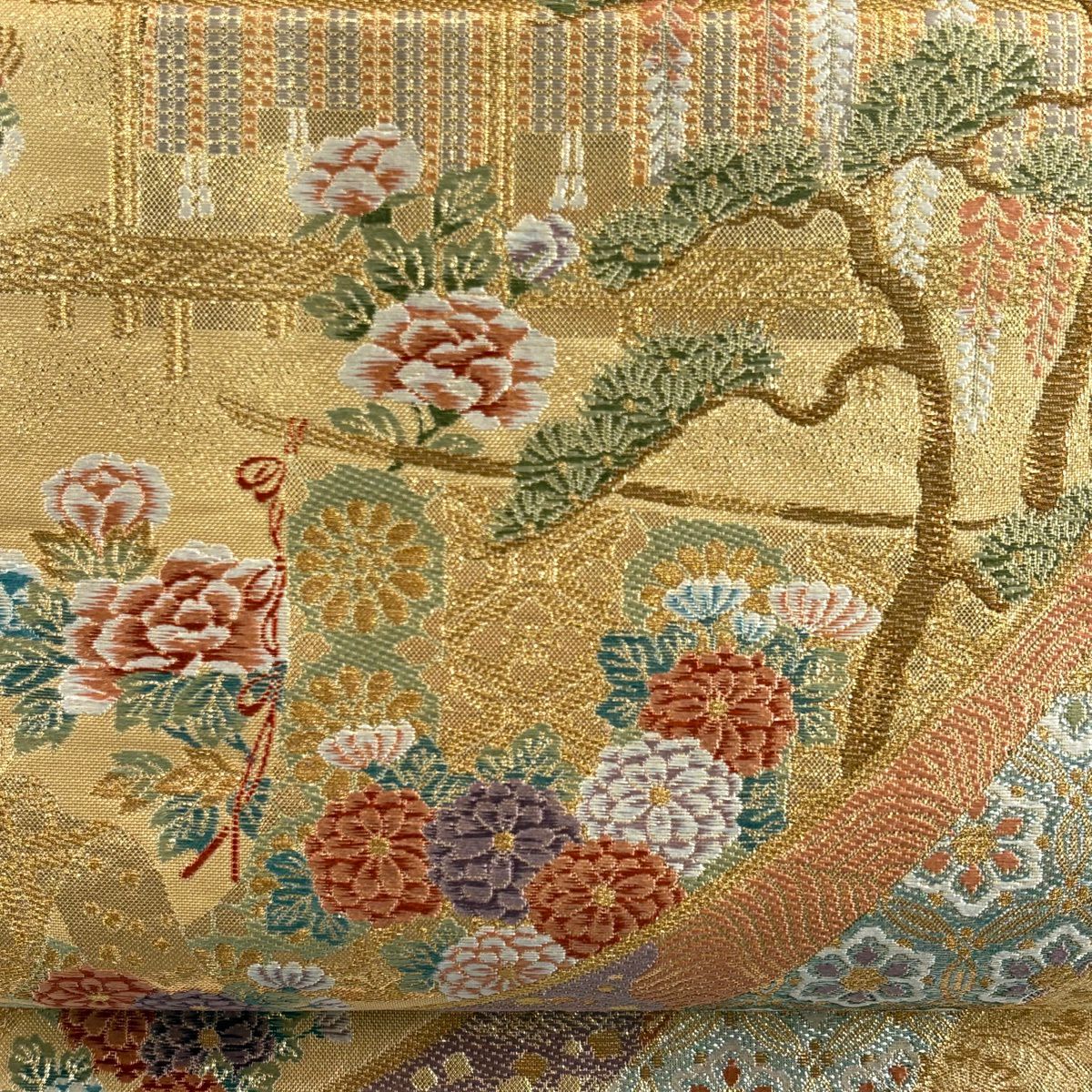 袋帶 秀品級 建築 花鳥 金金箔 金絲 金色 六通 純蠶絲