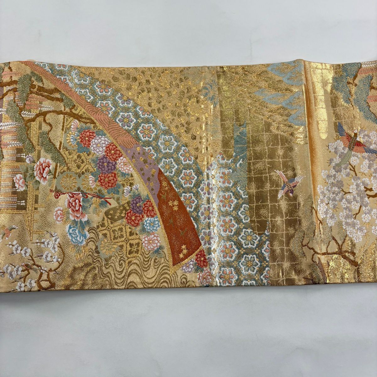 袋帶 秀品級 建築 花鳥 金金箔 金絲 金色 六通 純蠶絲