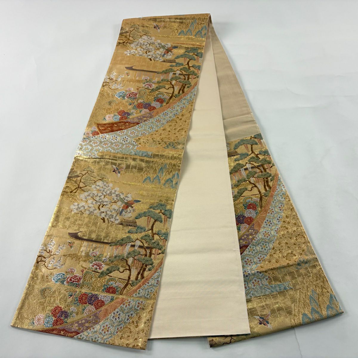 袋帶 秀品級 建築 花鳥 金金箔 金絲 金色 六通 純蠶絲