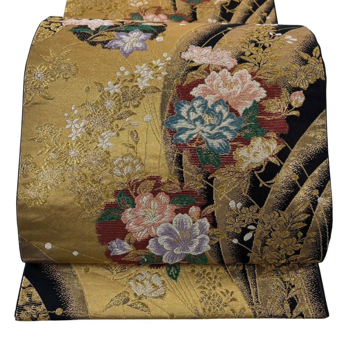 袋帶 秀品級 雪輪 草花紋 金絲 金金箔 金色 六通 純蠶絲