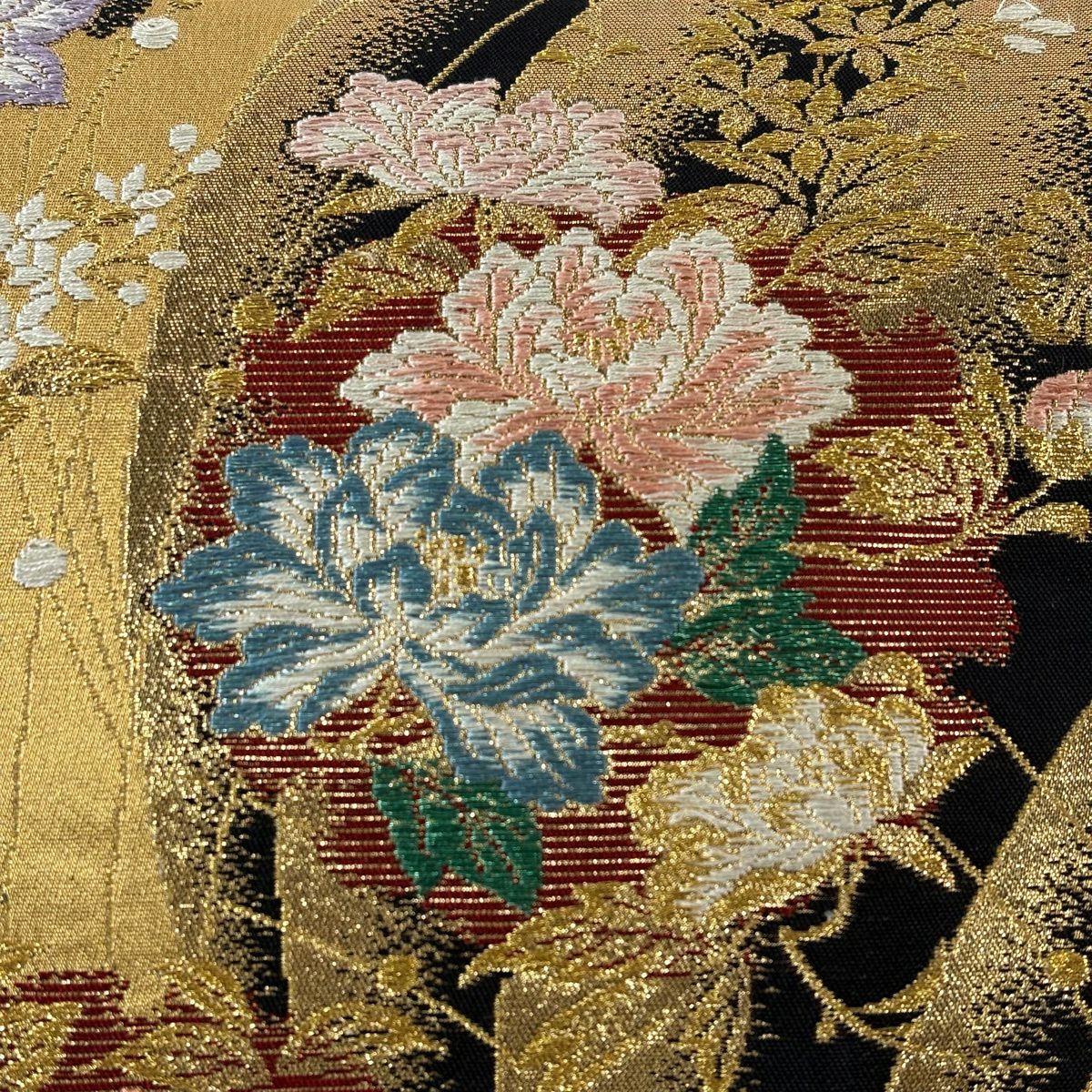 袋帶 秀品級 雪輪 草花紋 金絲 金金箔 金色 六通 純蠶絲