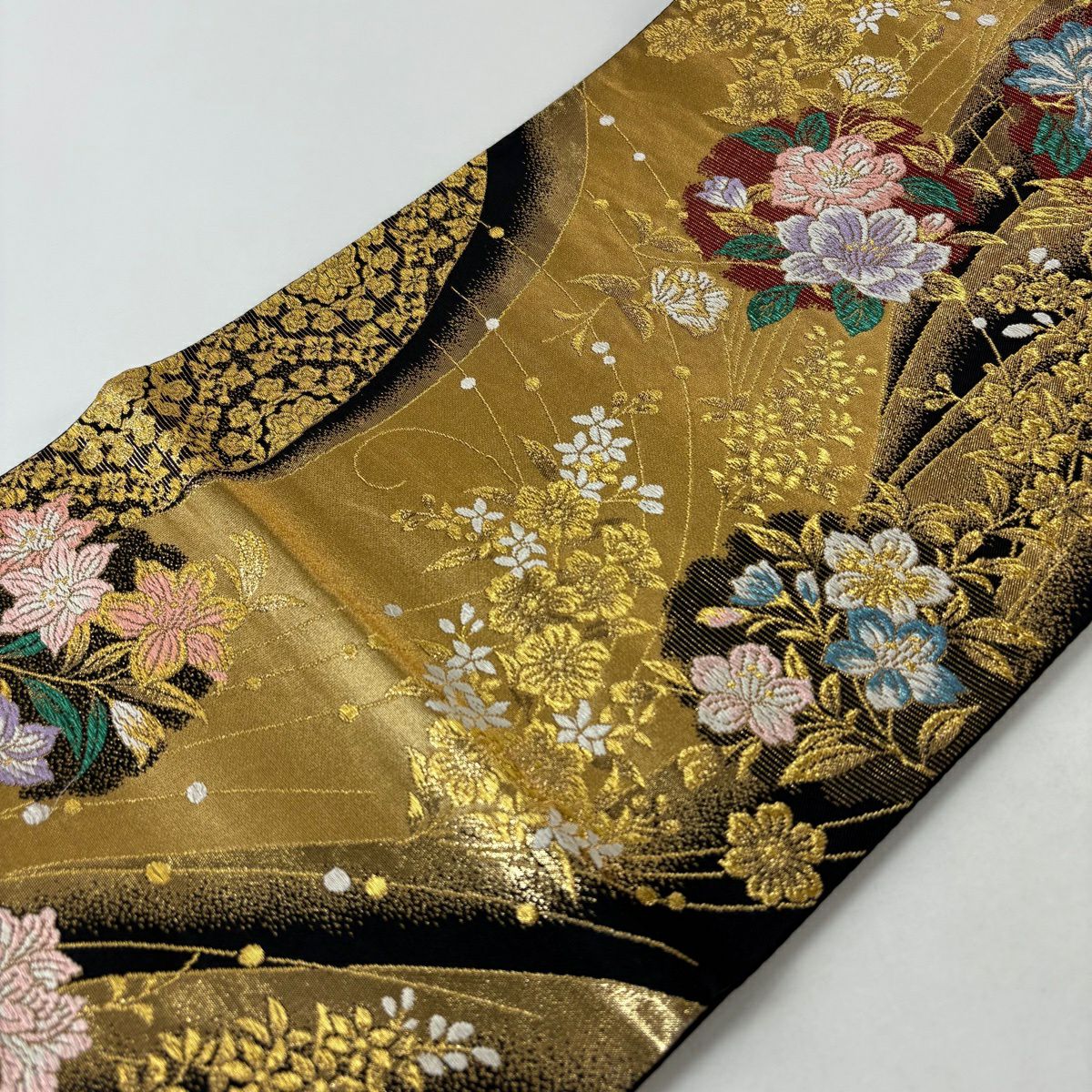 袋帶 秀品級 雪輪 草花紋 金絲 金金箔 金色 六通 純蠶絲