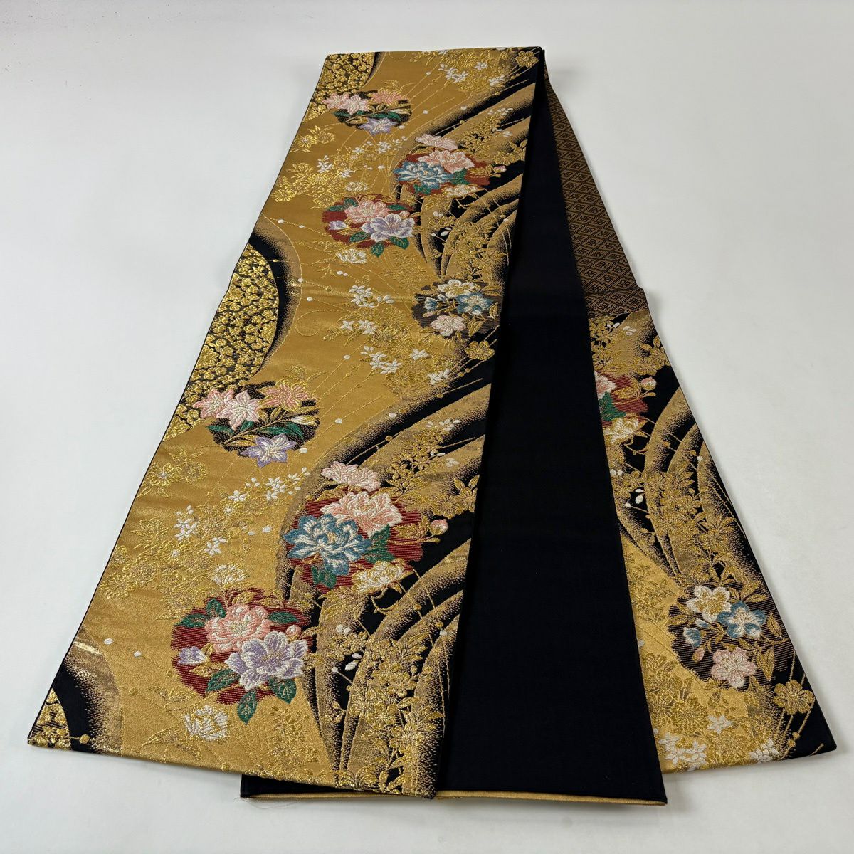 袋帶 秀品級 雪輪 草花紋 金絲 金金箔 金色 六通 純蠶絲
