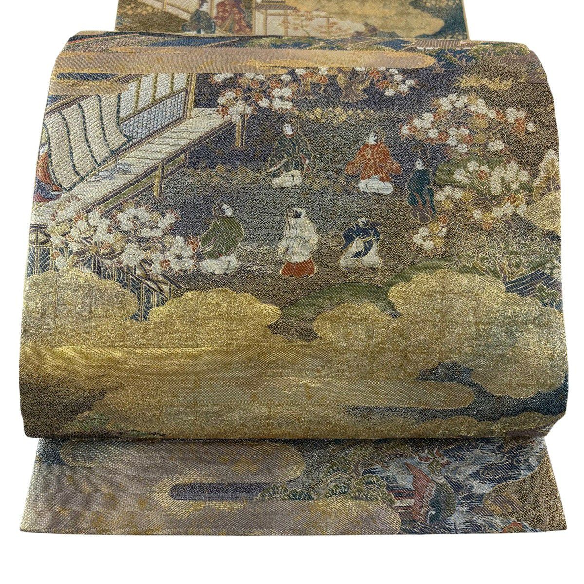 【美品】 袋帶 秀品級 源氏物語繪卷大觀 人物 建築 金金箔 金色 六通 純蠶絲