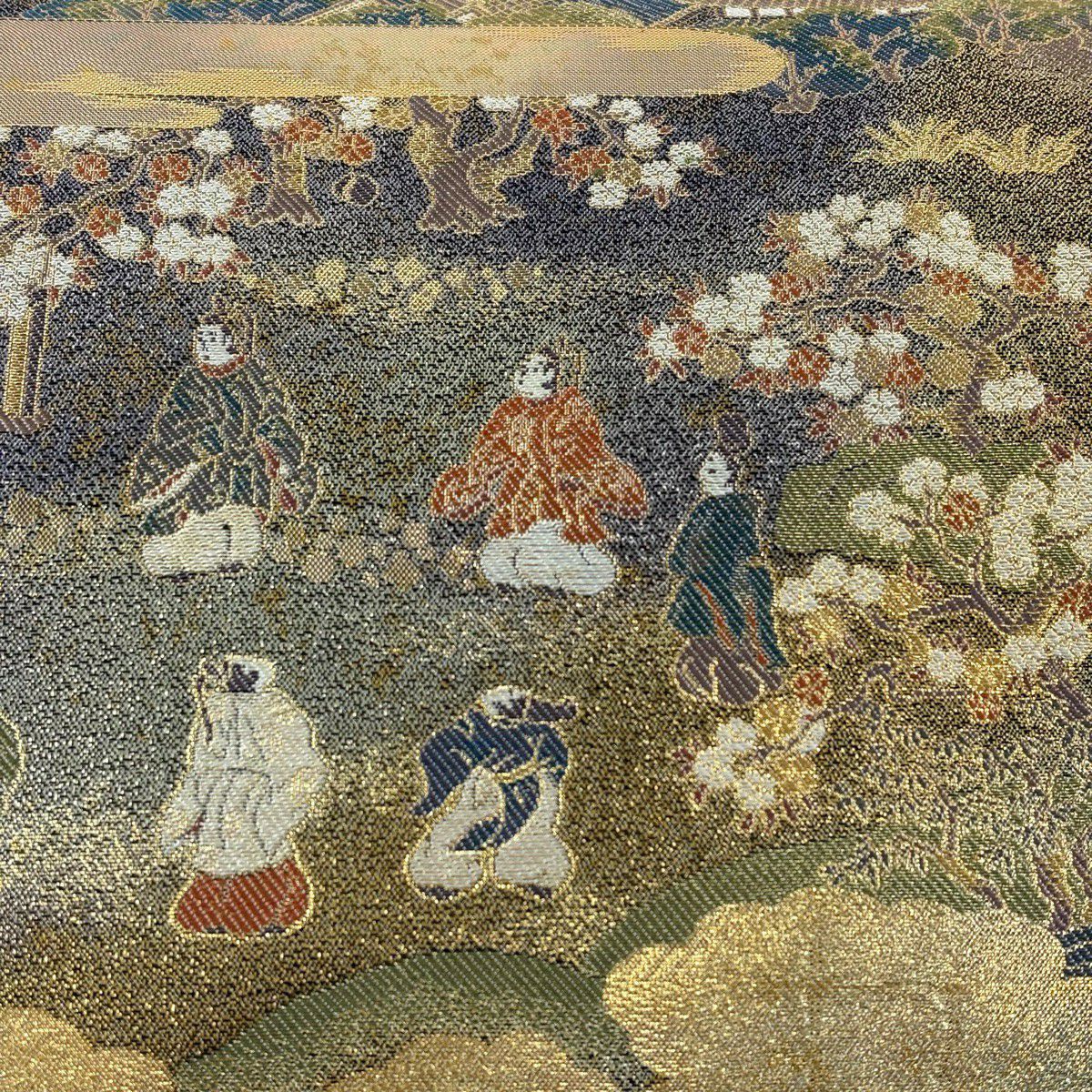 【美品】 袋帶 秀品級 源氏物語繪卷大觀 人物 建築 金金箔 金色 六通 純蠶絲