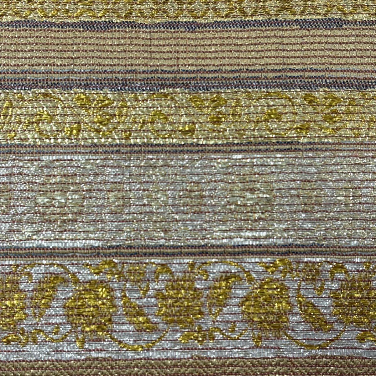 【美品】 袋帶 秀品級 橫段紋 草花紋 金絲 金金箔 黃土色 六通 純蠶絲