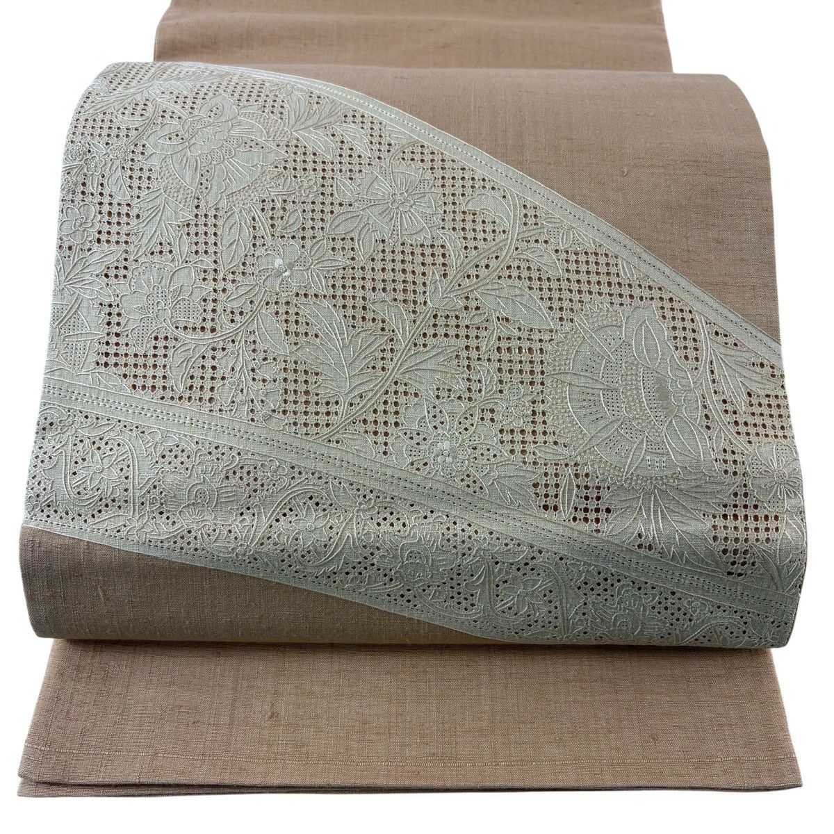 【美品】 袋帶 秀品級 紬織織 草花紋紋 刺繡 淺橙色 大鼓圖案 純蠶絲